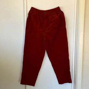 Burgundy corduroy pull on casual trousers. Regular